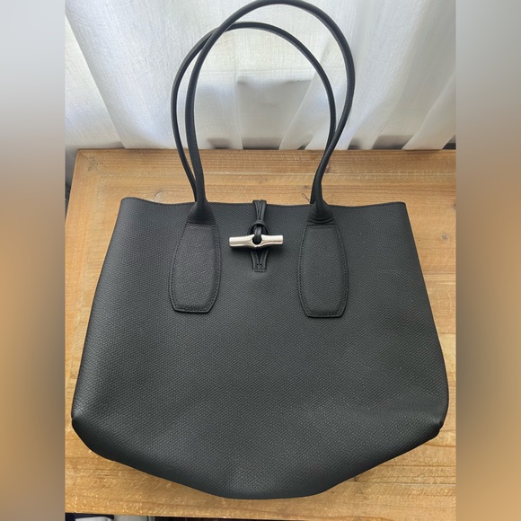 New Longchamp Larger Le Roseau Leather Tote In Black - Picture 3 of 13
